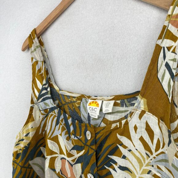 C&C CALIFORNIA Tank Top XL Linen Tropical Sleeveless Button Front Yellow - Picture 2 of 11